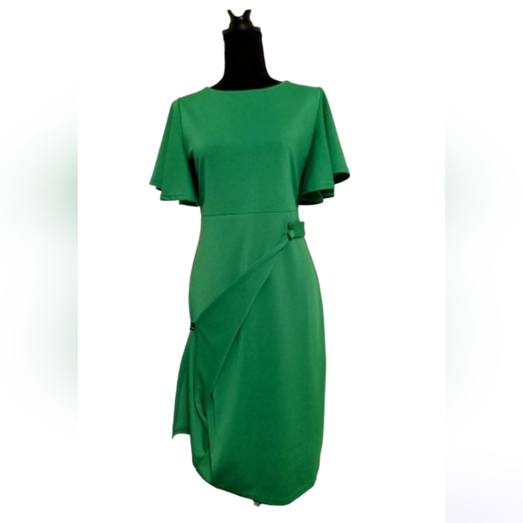 Midi Bodycon Green Metamorphosis Girl Ruffle Sleeve Dress Size LX. - Picture 6 of 10